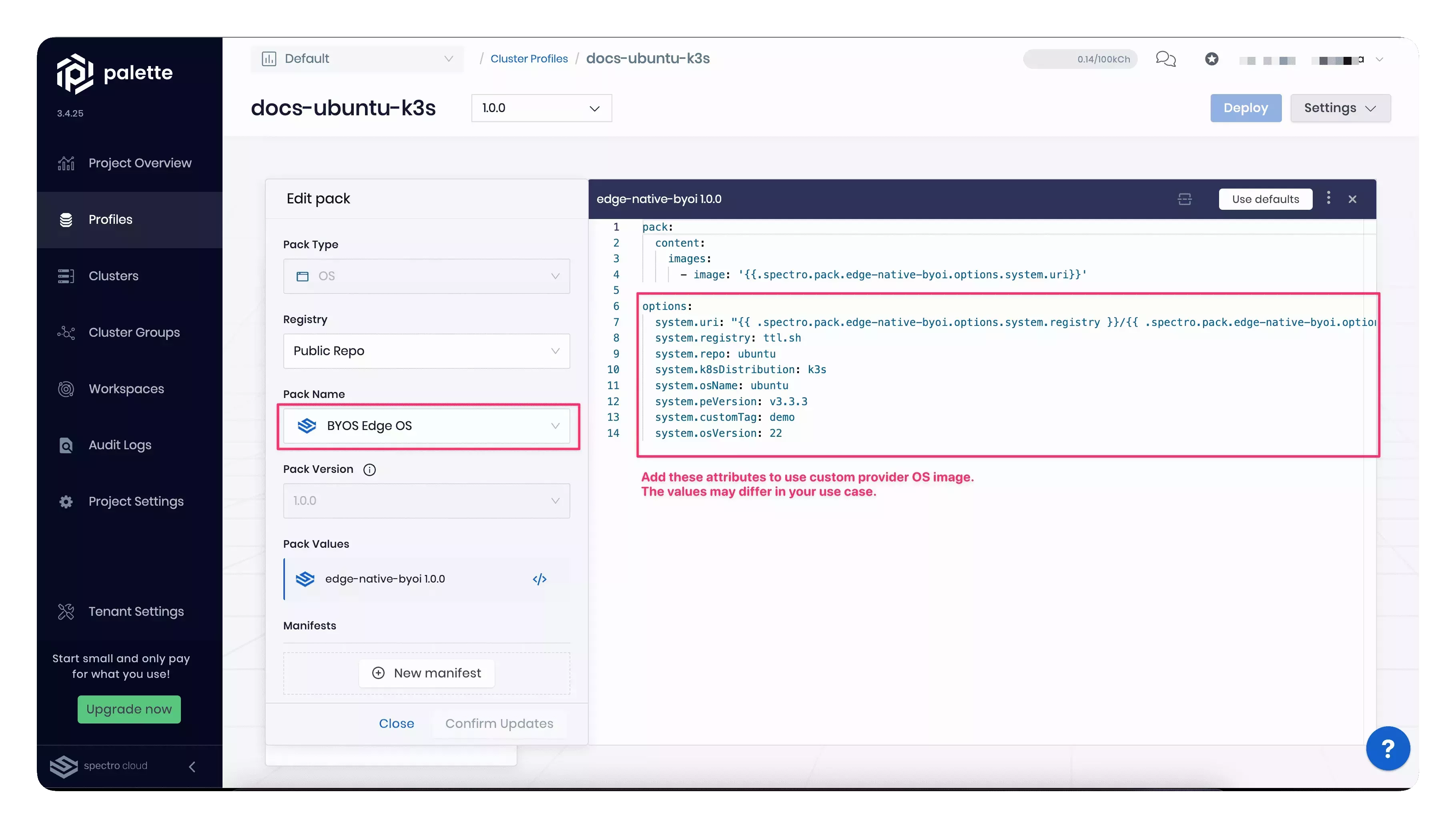 Screenshot of a sample cluster profile&#39;s OS layer 