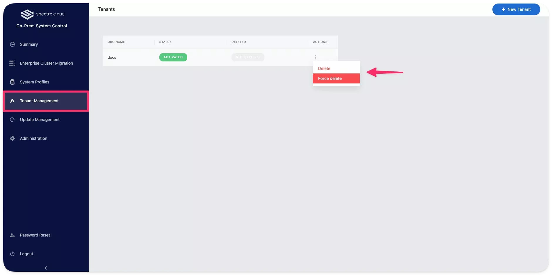 View of a tenant deletion option