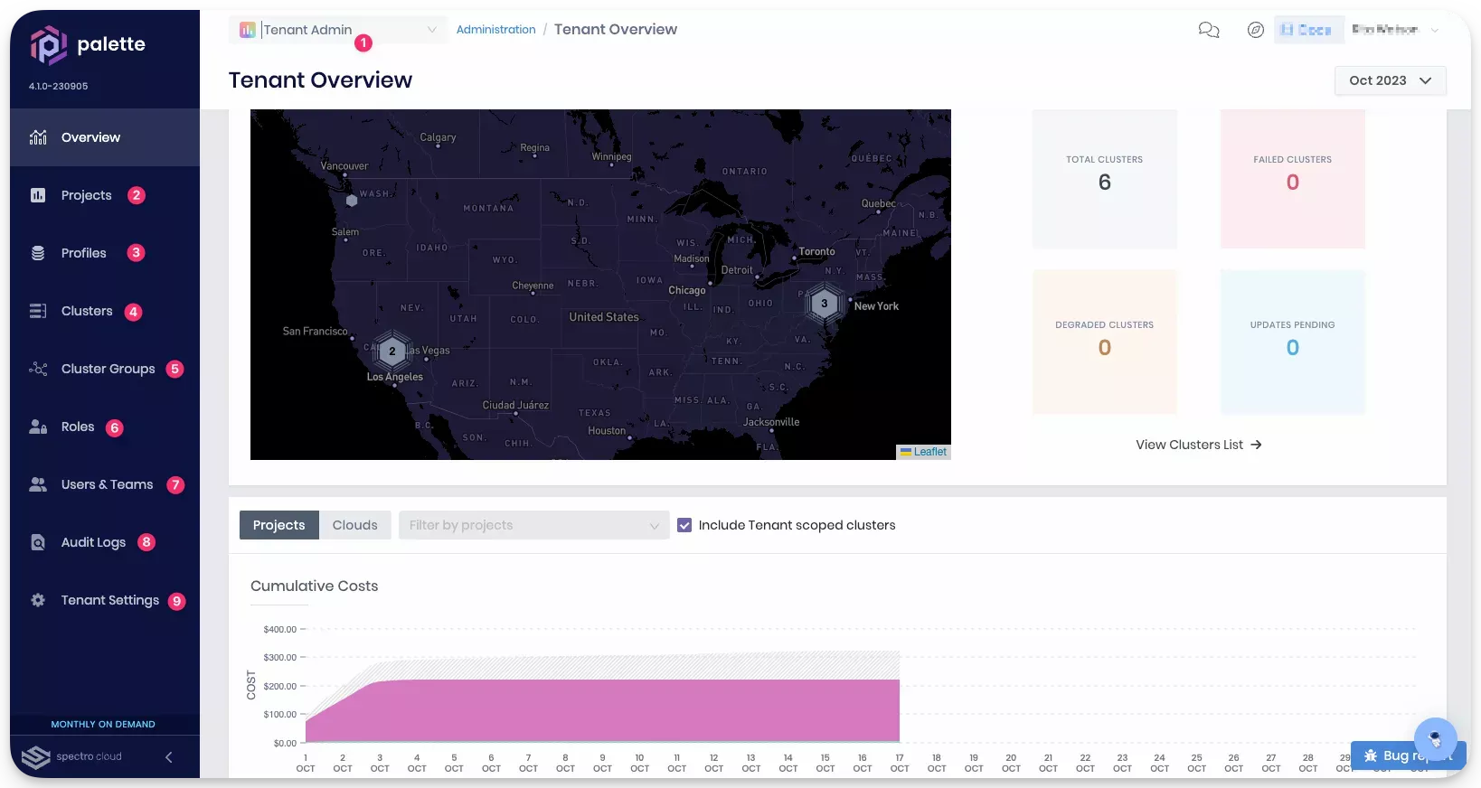 A screenshot of the Tenant Admin dashboard with numbered UI elements described in this document.